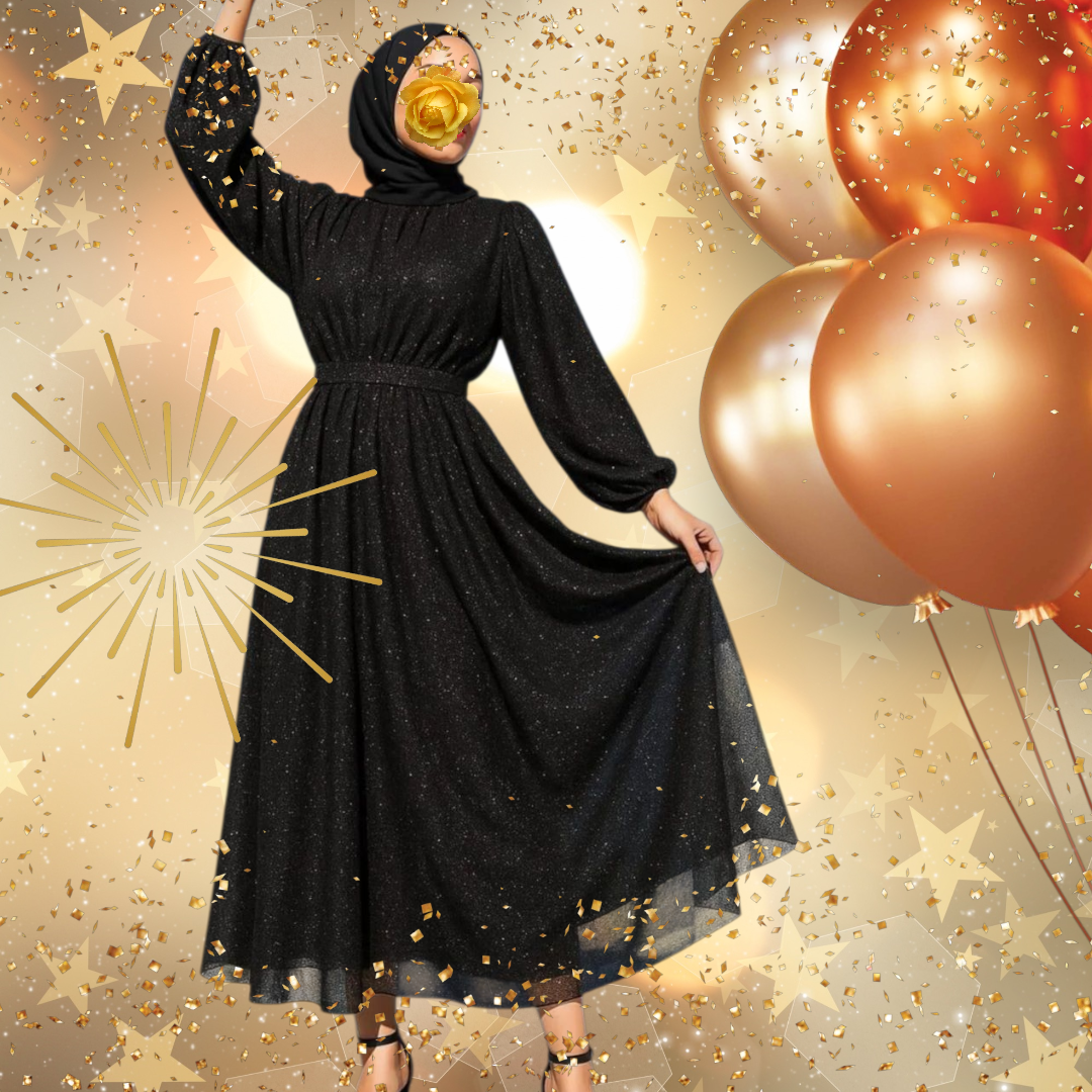 Simli Kuşaklı Bayan Elbise